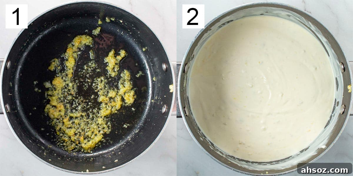 Split image showing garlic in a pan on the left and with added cream on the right.