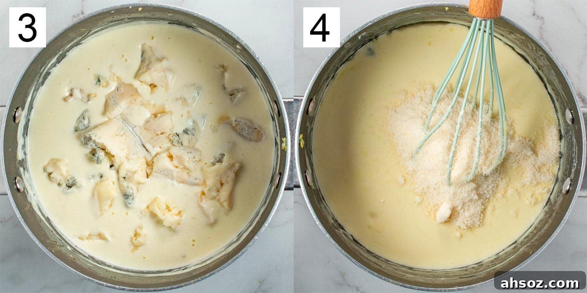 Split image showing cheese in a sauce on the left, and whisked in until smooth on the right.