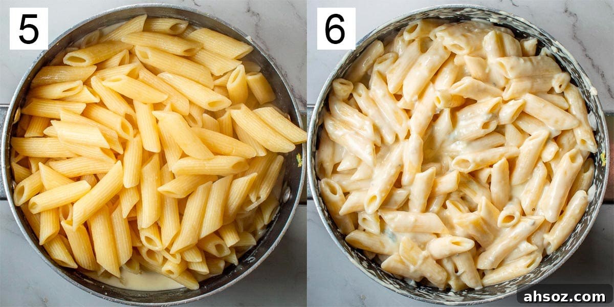 Split image showing cooked pasta on the left, and mixed with creamy sauce on the right.
