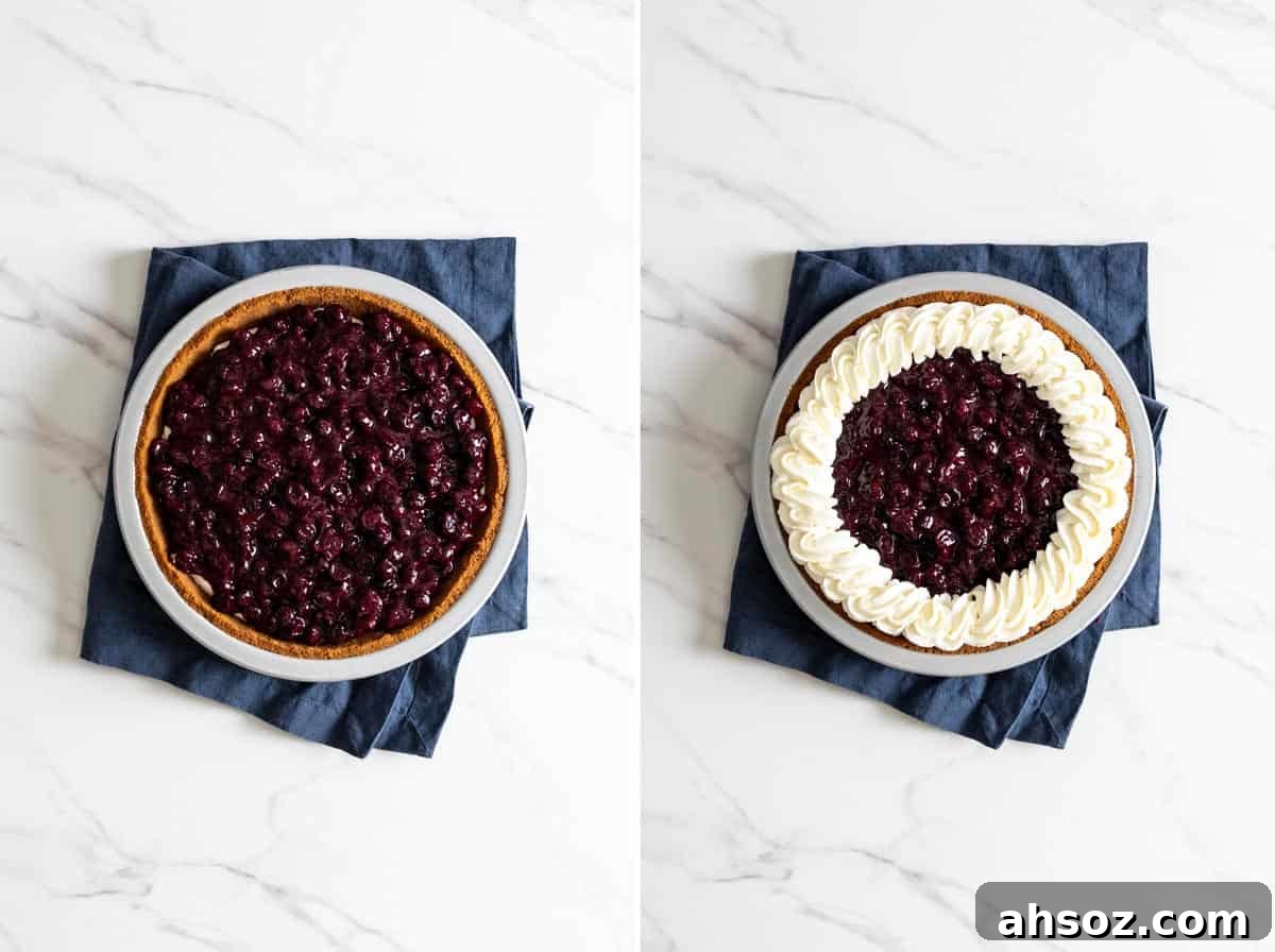 Pipe a border on top the no bake blueberry pie with the remaining cream cheese filling.