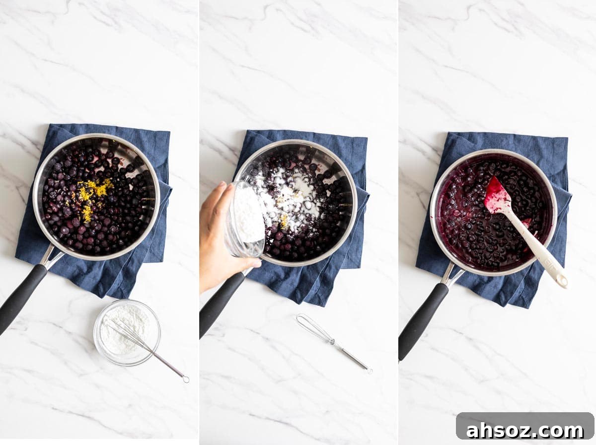 Making blueberry pie filling.
