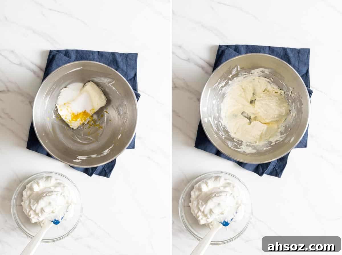 Beat cream cheese with sugar and lemon zest.