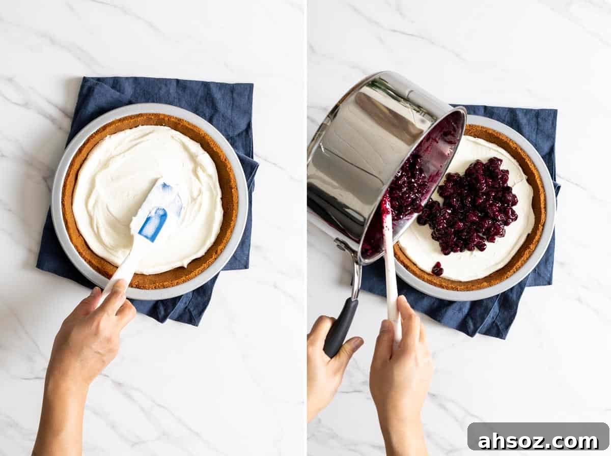 Add cream cheese filling and blueberry pie filling to the pie crust.