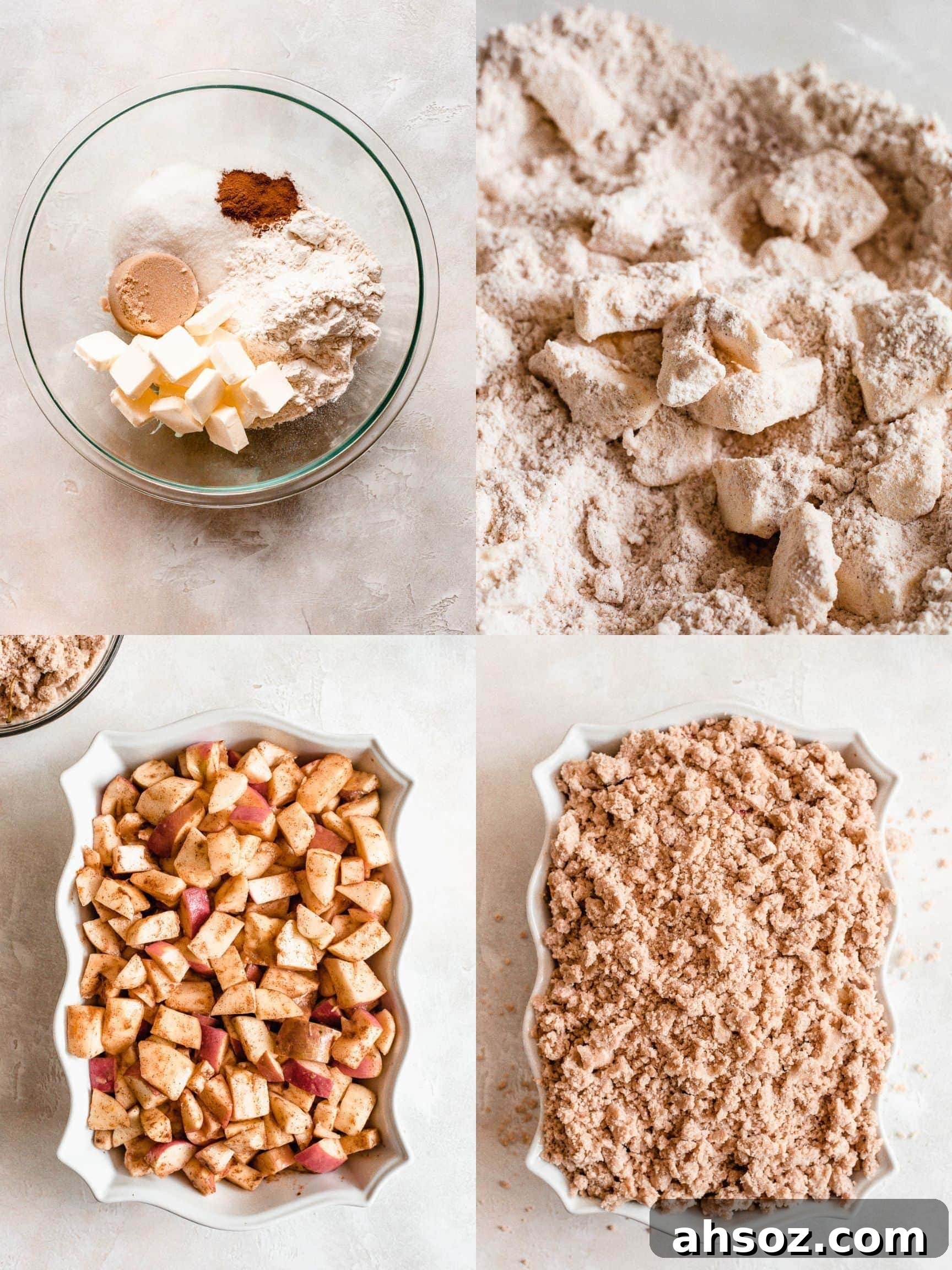 collage of step by step process of making apple crumble