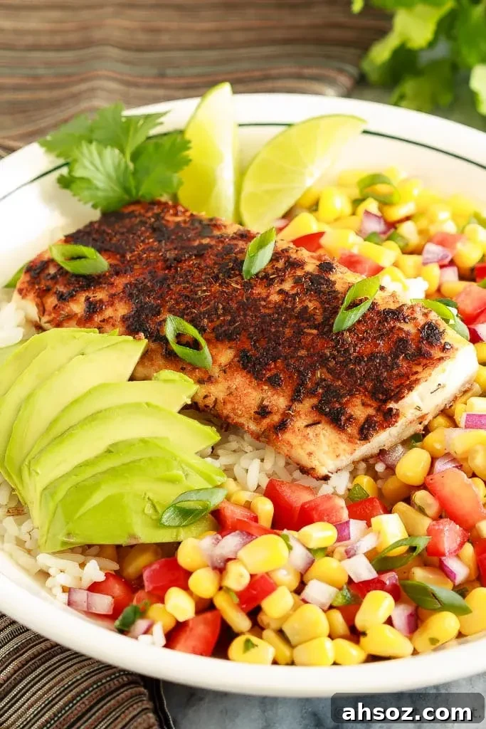 Blackened fish taco bowls with corn salsa and avocado lime cream