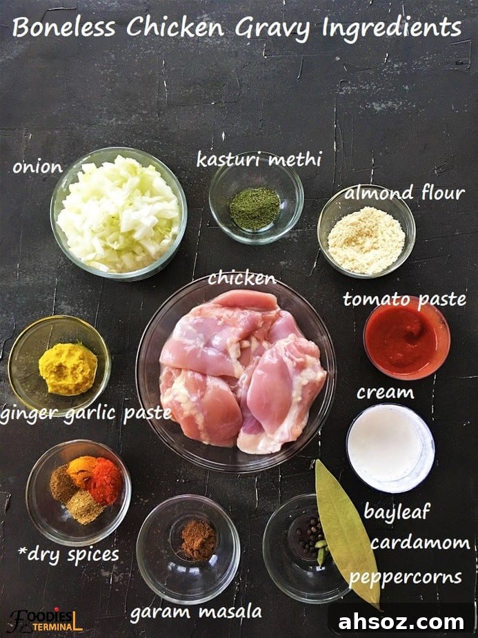 Boneless chicken gravy indian style ingredients in bowls
