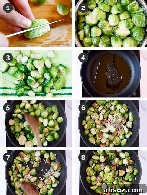 Step-by-step photos of how to make sauteed Brussels sprouts