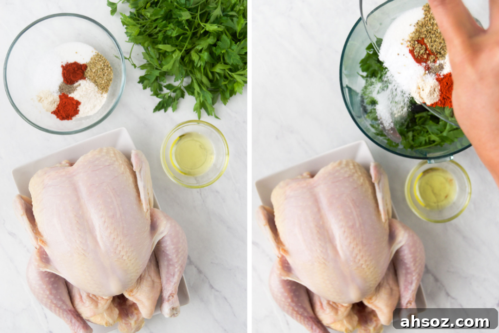 Collage of two images showing a raw whole chicken sitting next to a bowl with mixed spices and another image of the same chicken sitting next to the spice bowl with fresh parsley being poured in