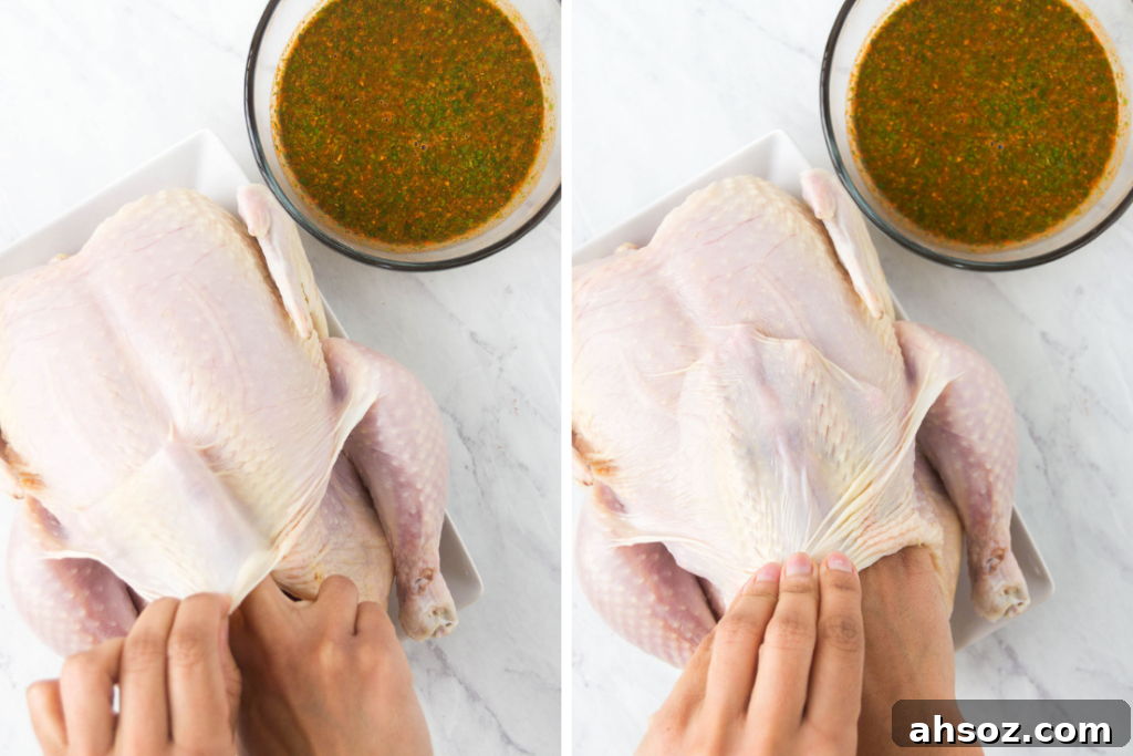 A collage of two images showing how to pull a chicken's skin from the meat with your hands to insert salt and a rotisserie chicken marinade