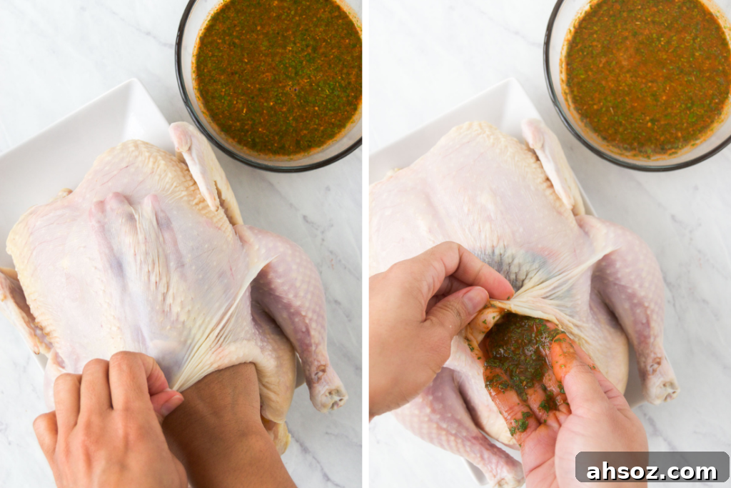 A collage of two images showing how to insert rotisserie chicken marinade beneath the skin of a raw whole chicken using your hands