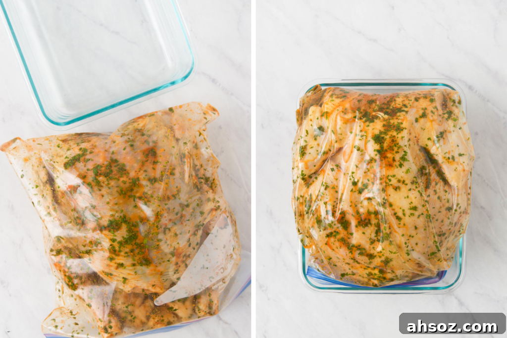 A collage of two images showing a whole chicken with Rotisserie Chicken Marinade in a bag and that same bag holding the chicken in a casserole dish before marinating in the refrigerator