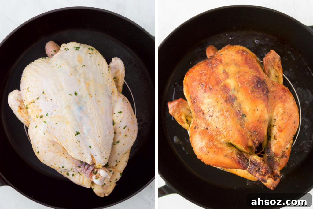 A collage of two images showing a raw Rotisserie-Style Brazilian Chicken before baking and the same chicken after baking in a cast iron baking pan