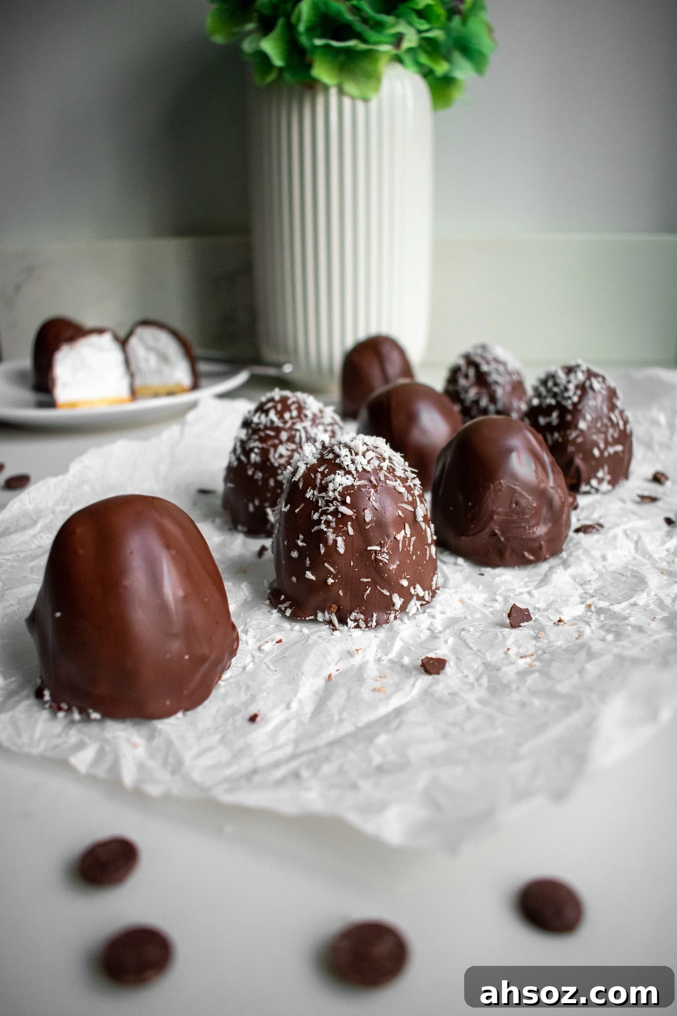 Meringue domes with a vanilla cookie base covered with chocolate and coconut shreds.
