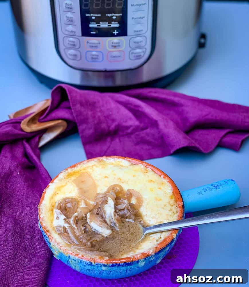 Instant Pot French onion soup in a bowl with cheese