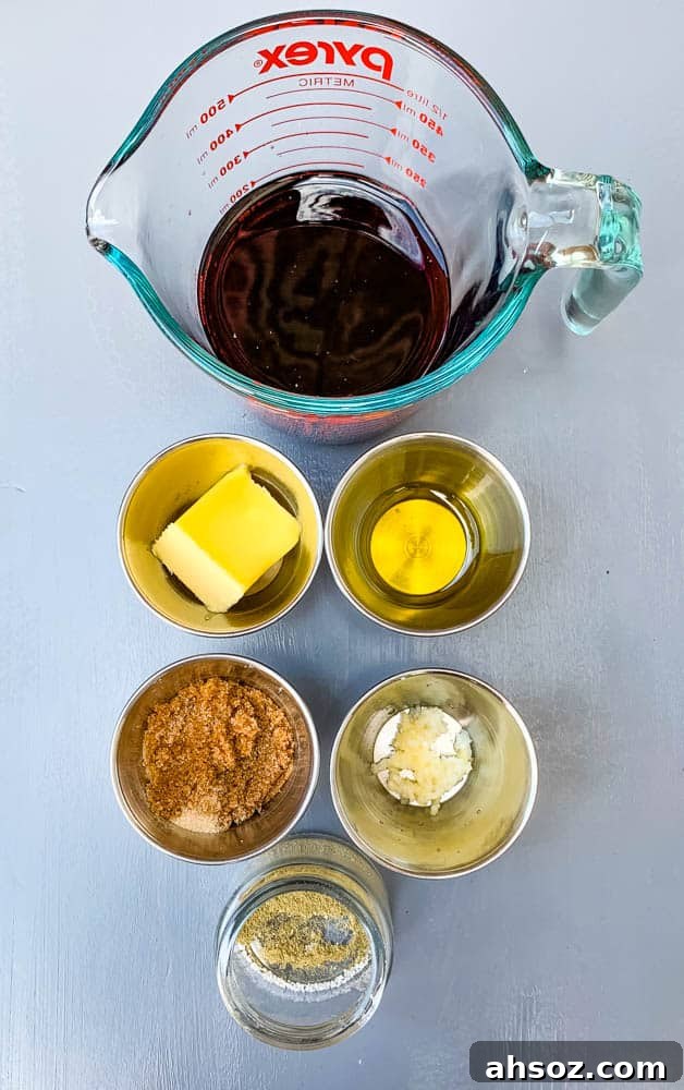 beef broth, butter, olive oil, brown sugar, and seasoning on a flat surface