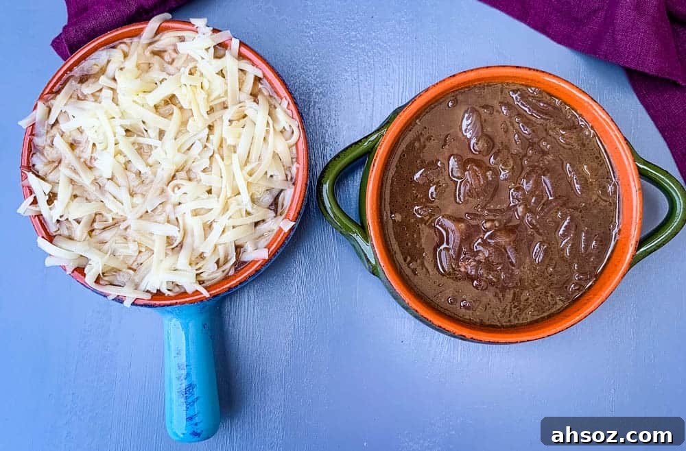 Instant Pot French onion soup in a bowl with cheese