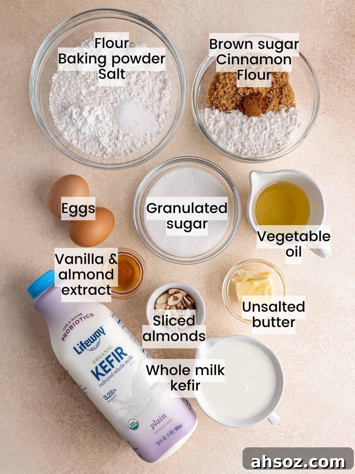 Ingredients needed to make almond coffee cake.