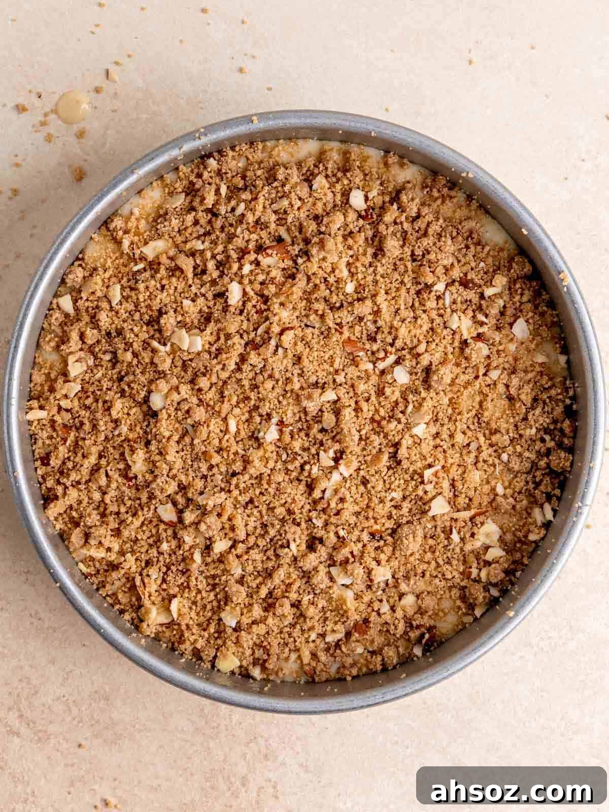 Almond cake batter in a round pan with cinnamon streusel on top.