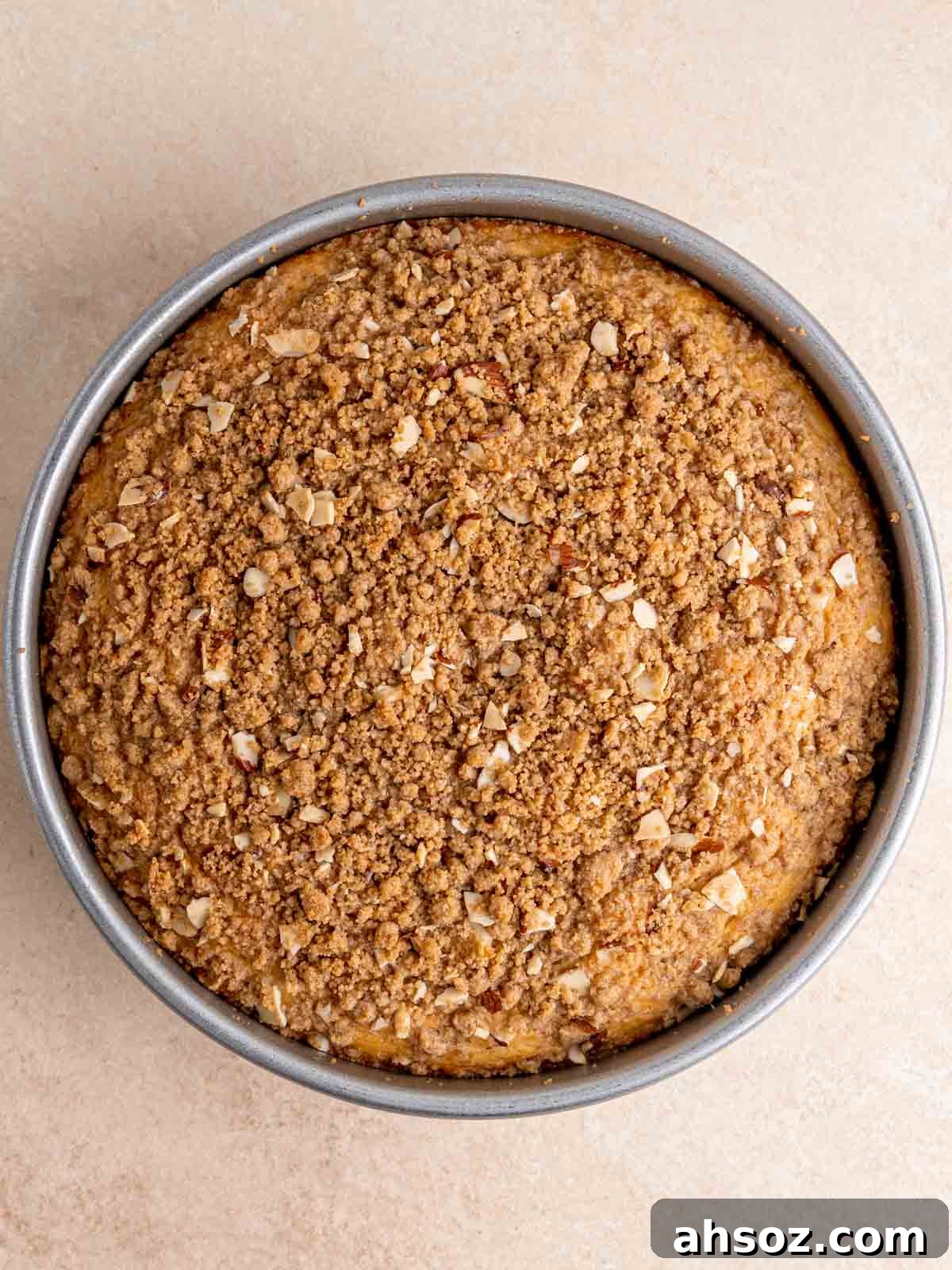 A baked almond coffee cake with streusel topping in a round pan.
