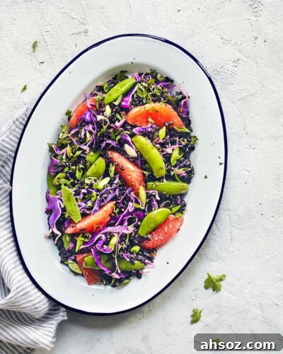 Asian black rice salad in a serving dish on the counter
