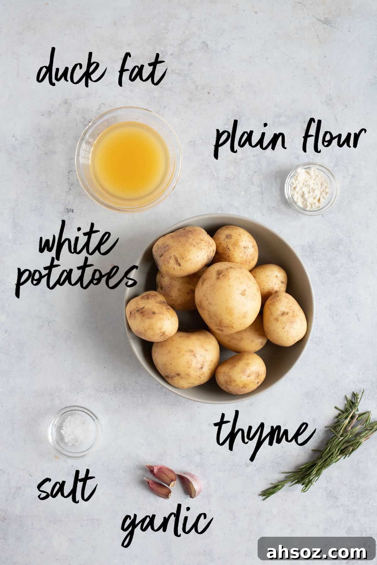 Ingredients for duck fat roast potatoes.