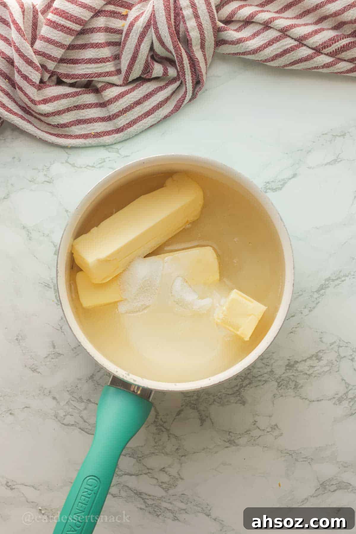 Butter, sugar, and corn syrup in a pot.