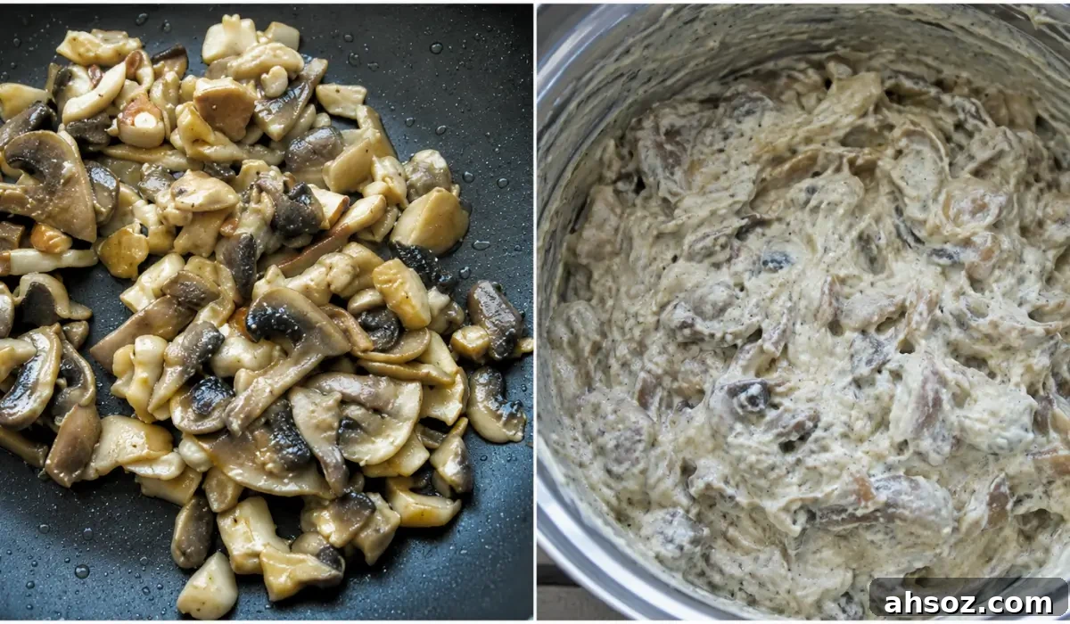 Cooked mushrooms in a pan and creamy béchamel mushroom filling.