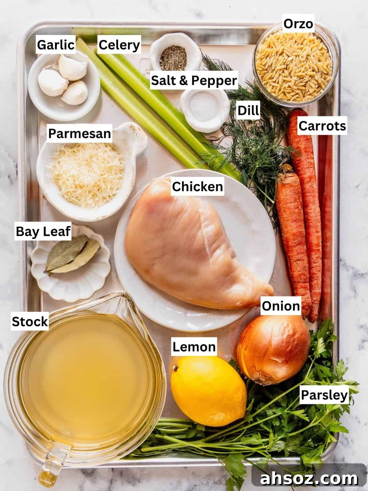 Lemon chicken orzo soup recipe ingredients with individual labels on a metal tray.