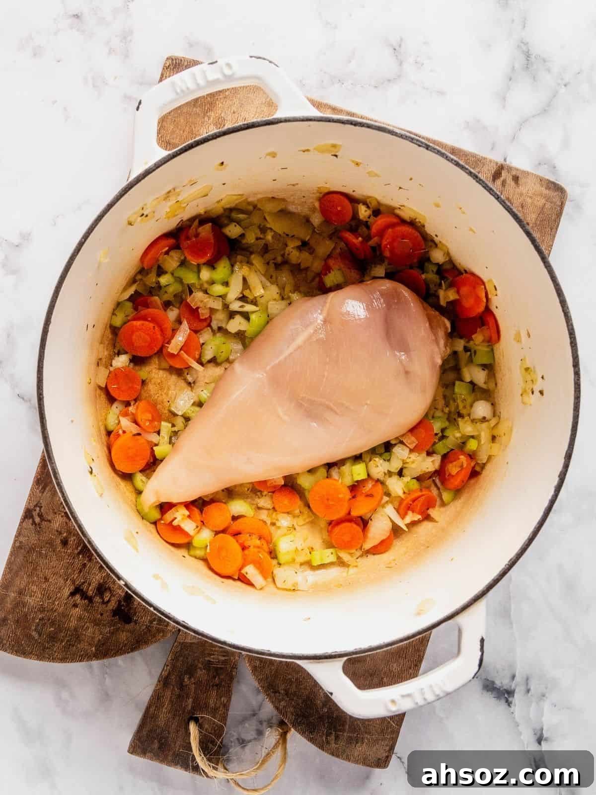 Recipe step showing the addition of the chicken breast to the soup pot with the aromatics.