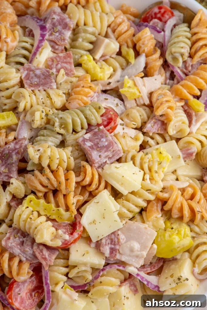 Close up of colorful grinder pasta salad with pasta, deli meats, cheeses, and veggies.