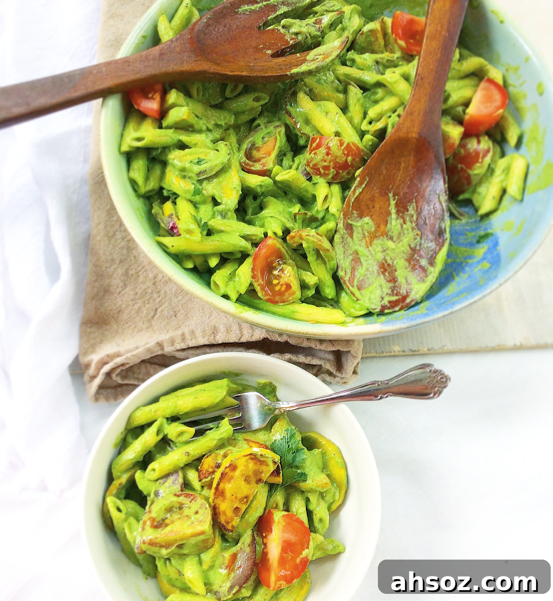 Summer Vegetable Penne with Creamy Avocado-Hemp Seed Sauce