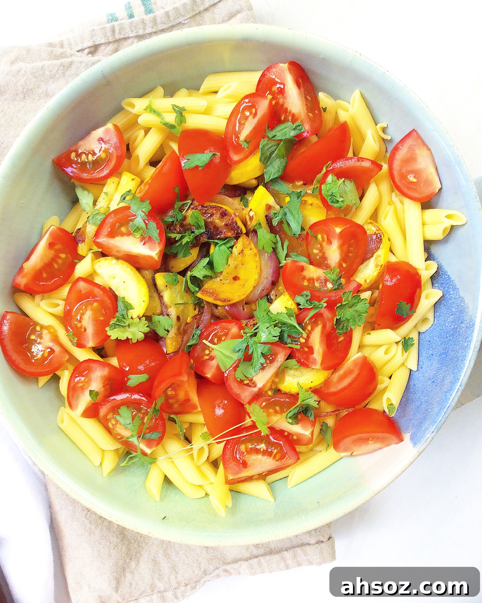 Summer Vegetable Penne with Creamy Avocado-Hemp Seed Sauce