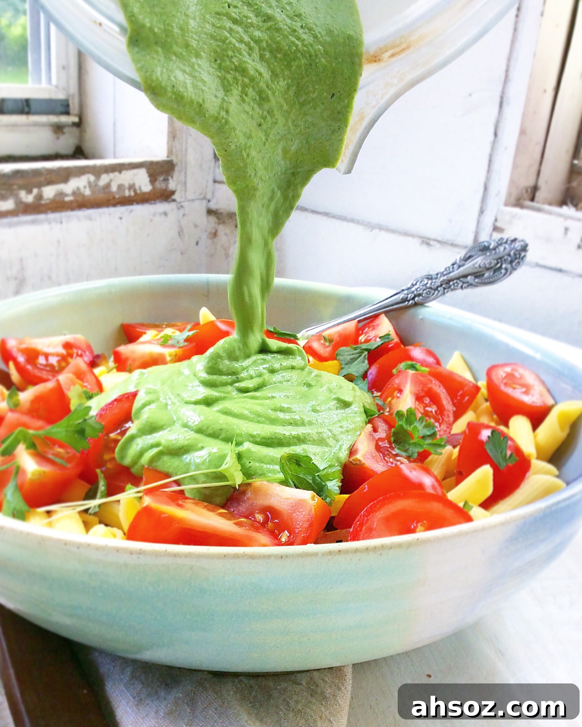 Summer Vegetable Penne with Creamy Avocado-Hemp Seed Sauce