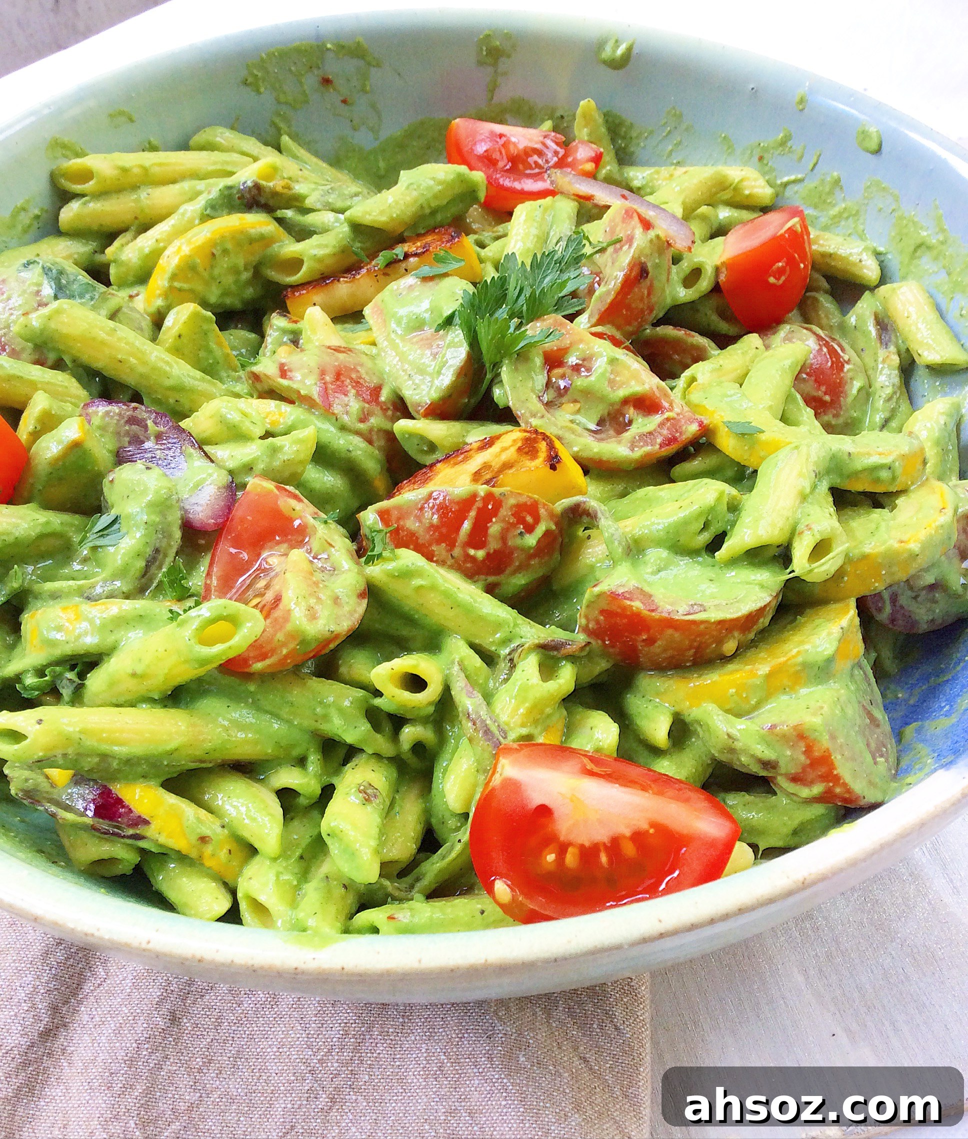 Summer Vegetable Penne with Creamy Avocado-Hemp Seed Sauce