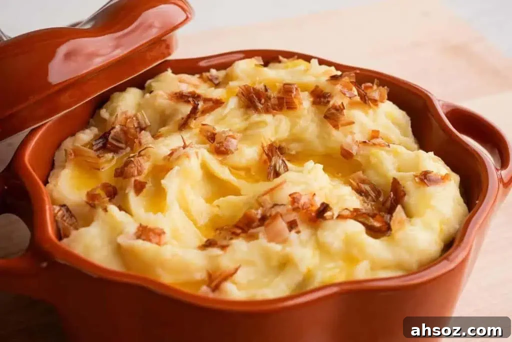 A wide view of mashed potatoes in an orange baking dish, garnished with caramelized leeks.