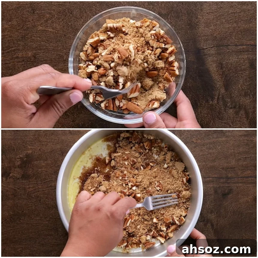 Streusel being mixed and sprinkled over butter.