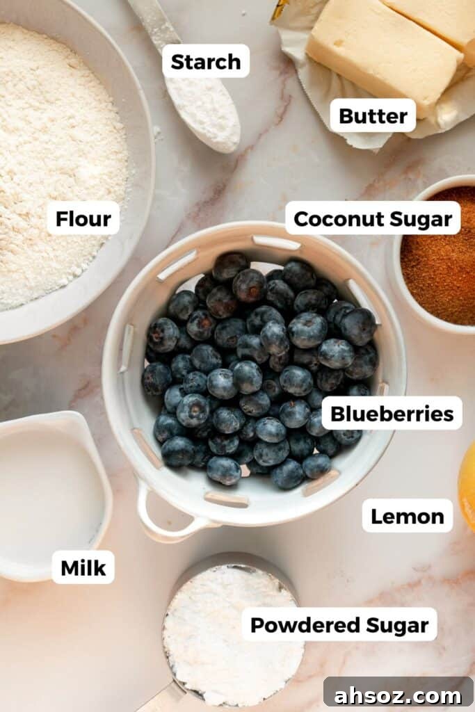 all ingredients in blueberry pop tarts in bowls with labels: blueberries, flour, lemon juice, milk, vegan butter, cornstarch