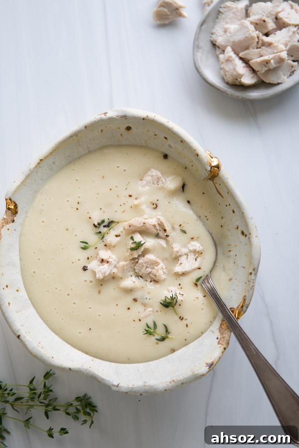 dairy-free cream of chicken soup in bowl with small bowl of chopped chicken