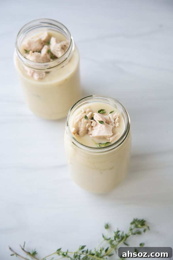 dairy-free cream of chicken soup in two jars with thyme