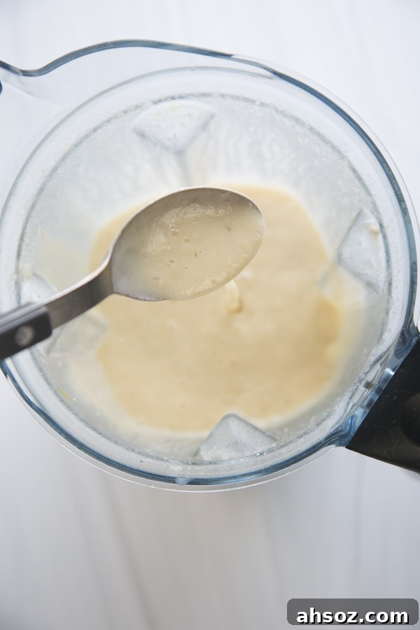 blender full of dairy-free cream of chicken soup with spoon