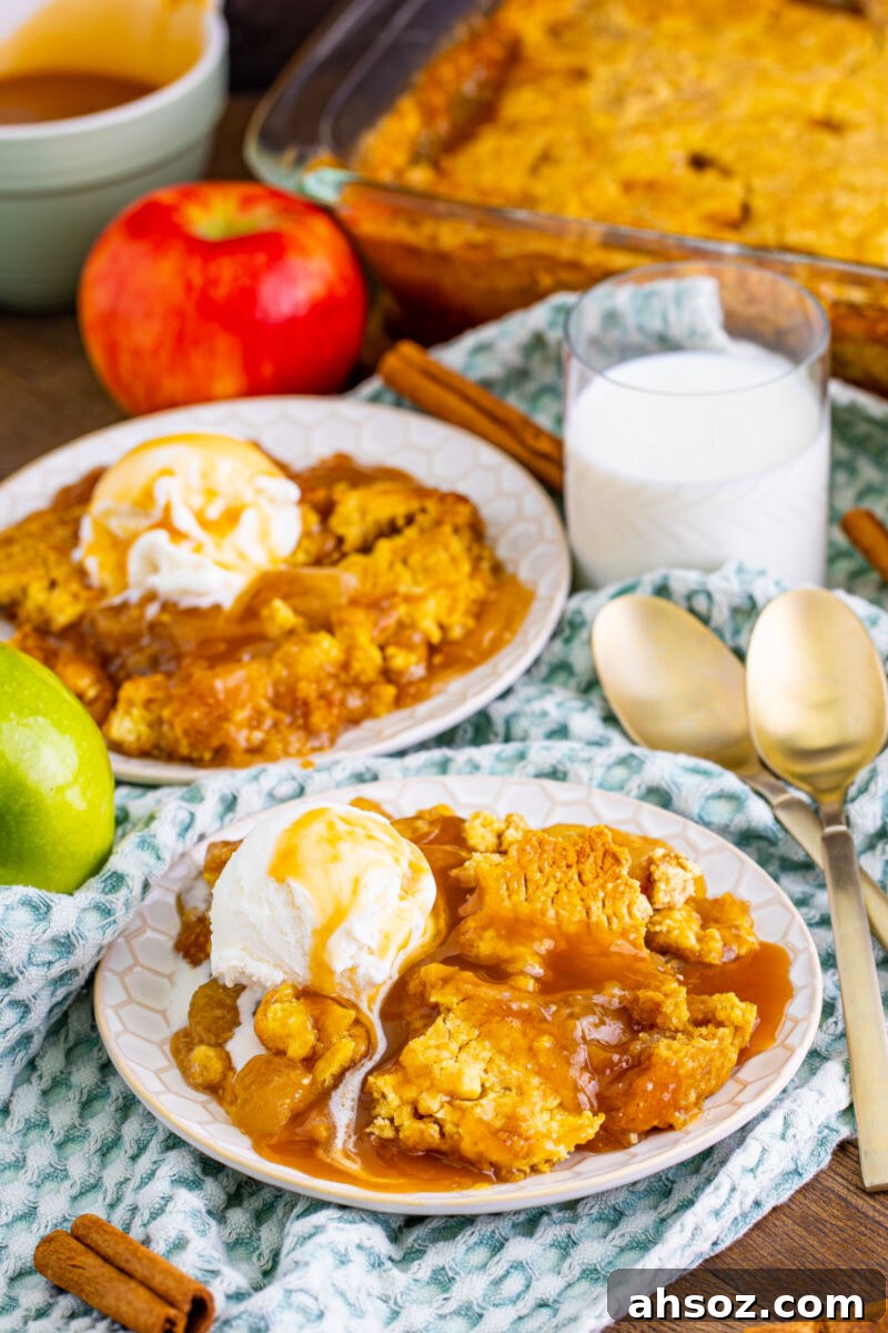 plates of caramel apple dump cake next to a glass of milk and the rest of the cake