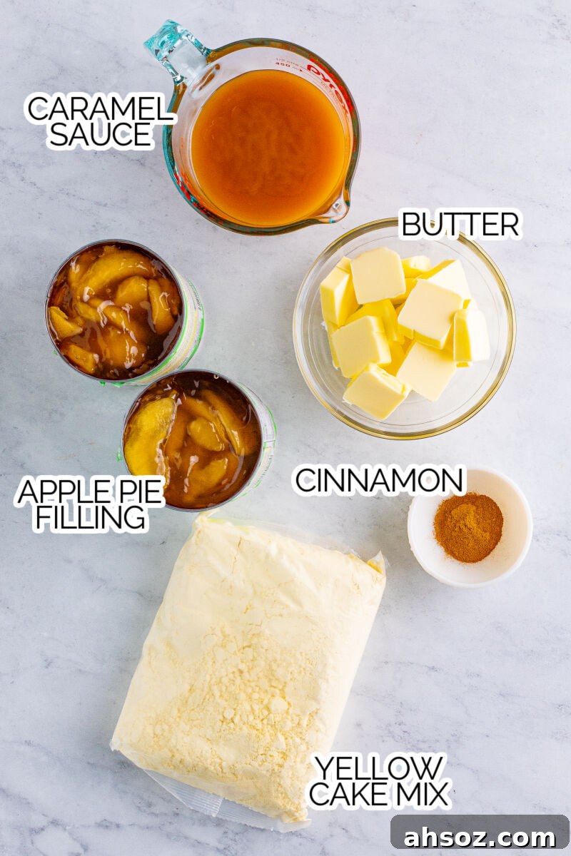 ingredients to make caramel apple dump cake with text labels