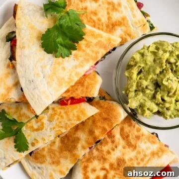 A top down view of a plate of black bean quesadillas.