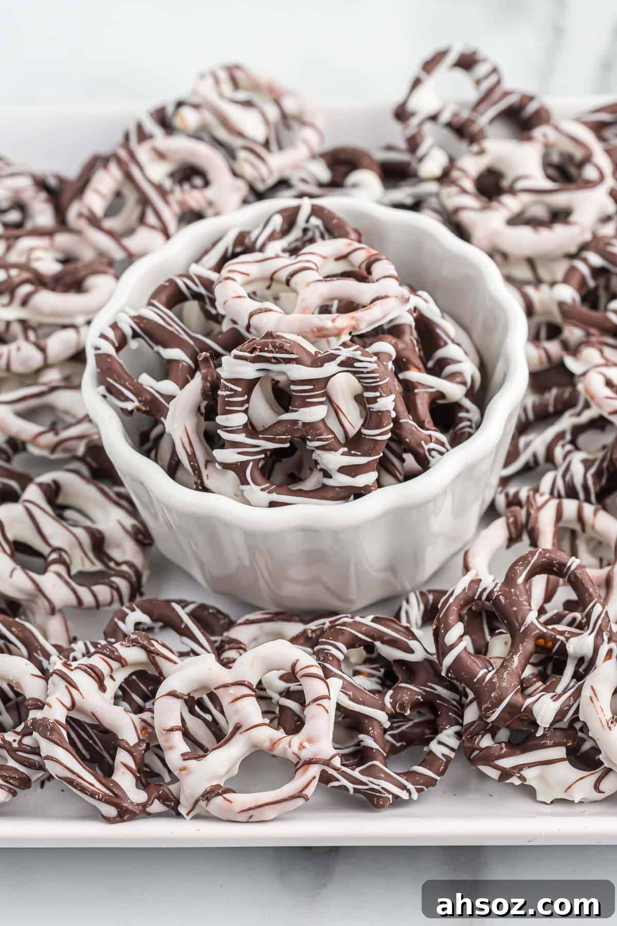 chocolate covered pretzels in a bowl