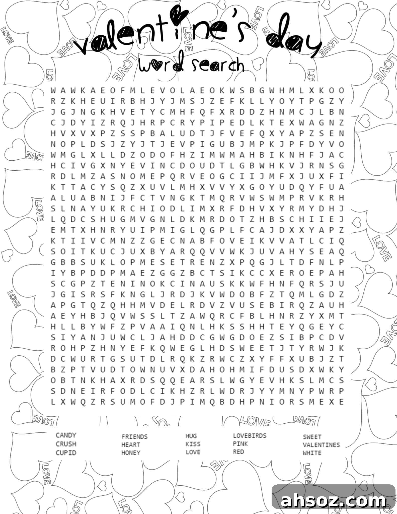 printable Valentine's Day word search for kids