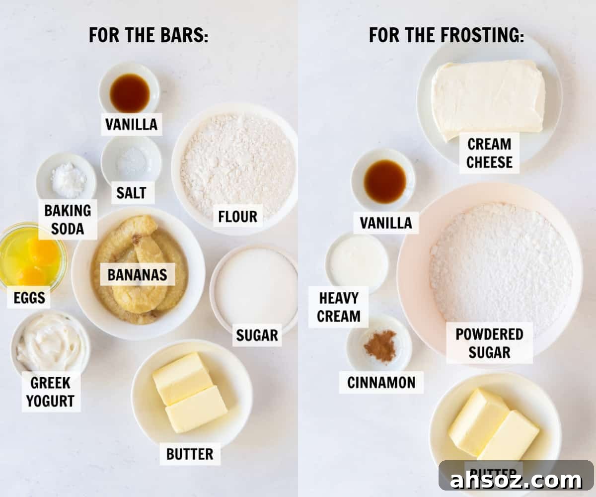 All of the ingredients for banana bars and cream cheese frosting measured into white bowls