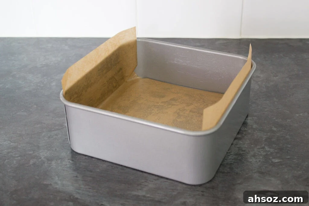 A lined square baking tin.
