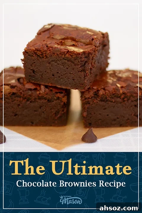 3 fudgy brownies in a pyramid on baking paper. A text overlay says the ultimate chocolate brownies recipe.
