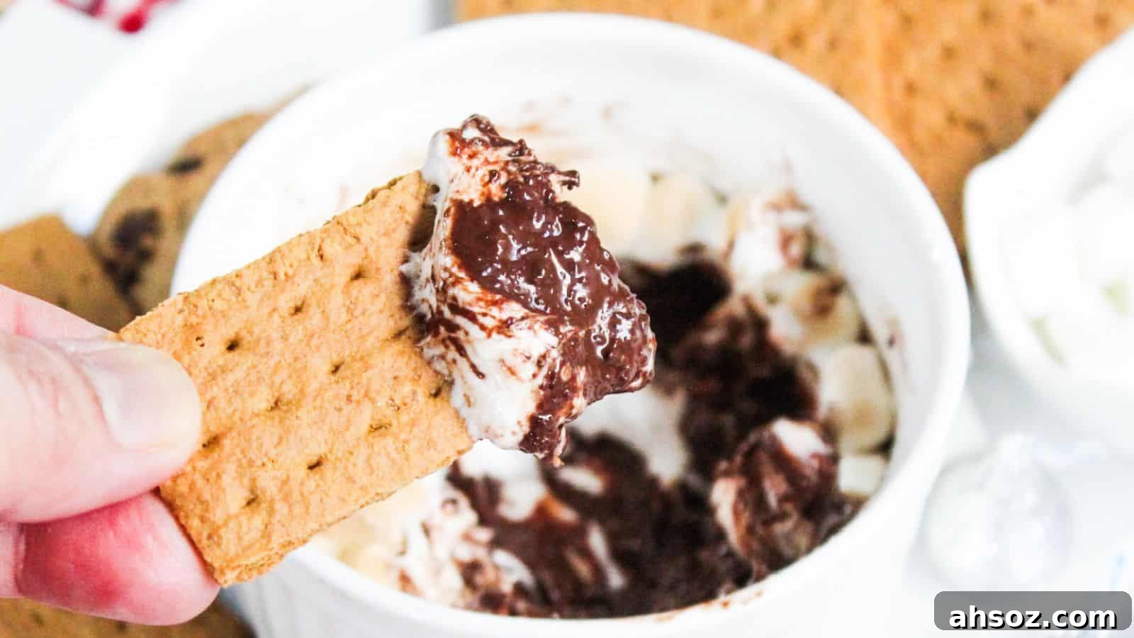 A hand holding a graham cracker dipped in s'mores dip with more crackers and dip in the background.