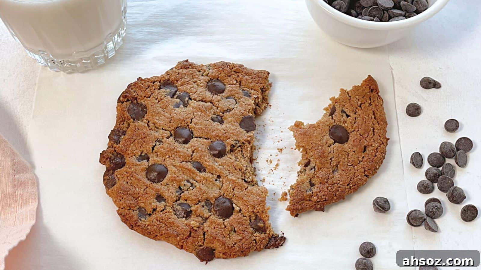 A large chocolate chip cookie with a piece broken off, next to a glass of milk and a bowl of chocolate chips on a white surface.
